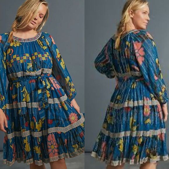 Anthropologie Dresses & Skirts - Verb Women's Size S Eulalia Shimmer Tiered Tunic Dress Embroidered Boho Festival